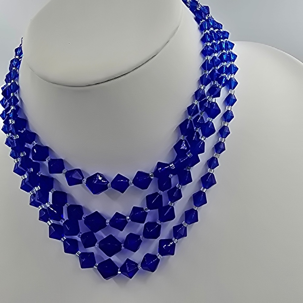 Vintage Japan Four Stand Glass Necklace Blue Statement Beaded - Picture 4 of 9